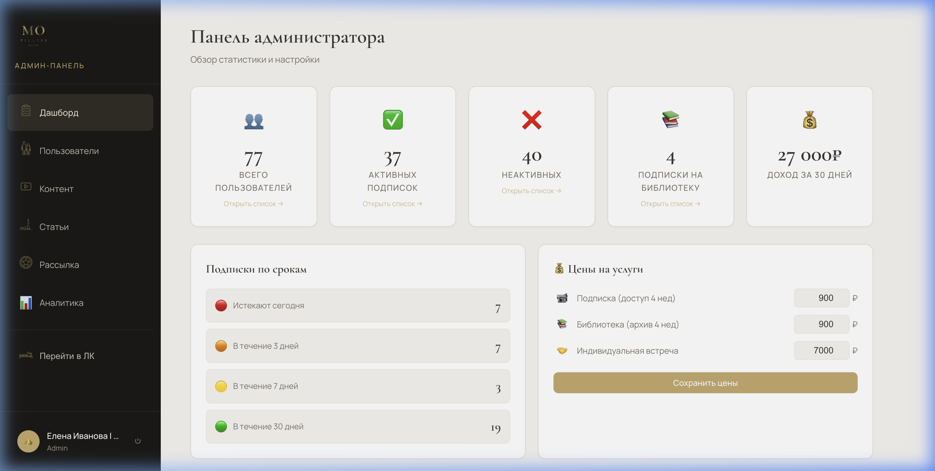 Панель тренера fit·course — аналитика, видео, платежи на русском языке